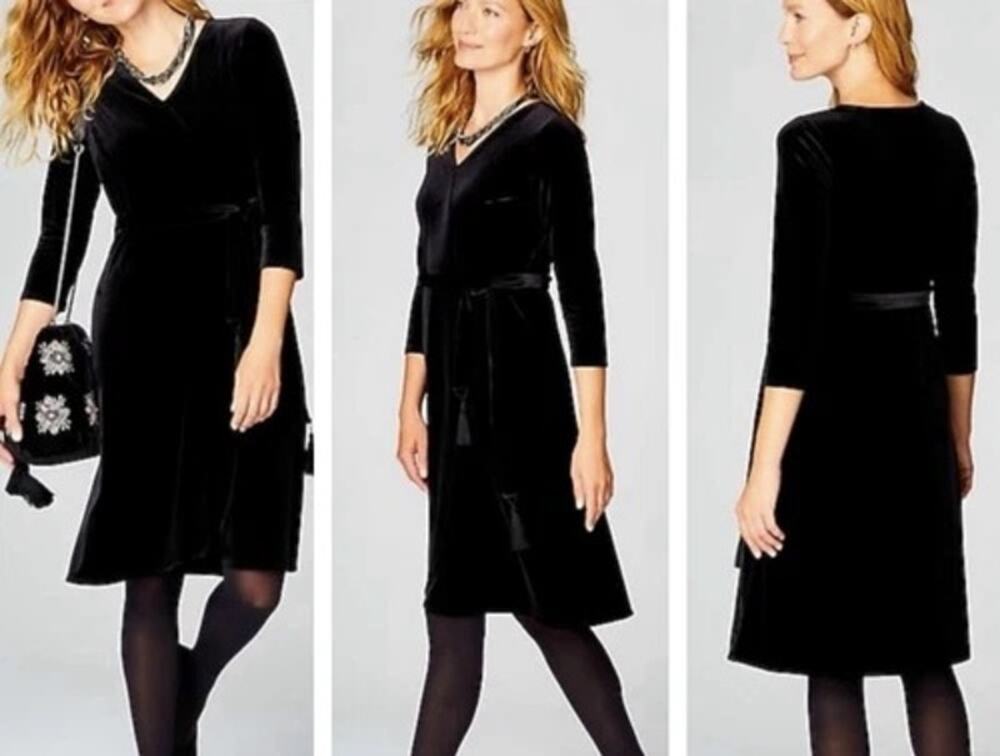 J Jill Velvet Faux Wrap Dress Black Stretch Tie Belt Tassel Party Women Large